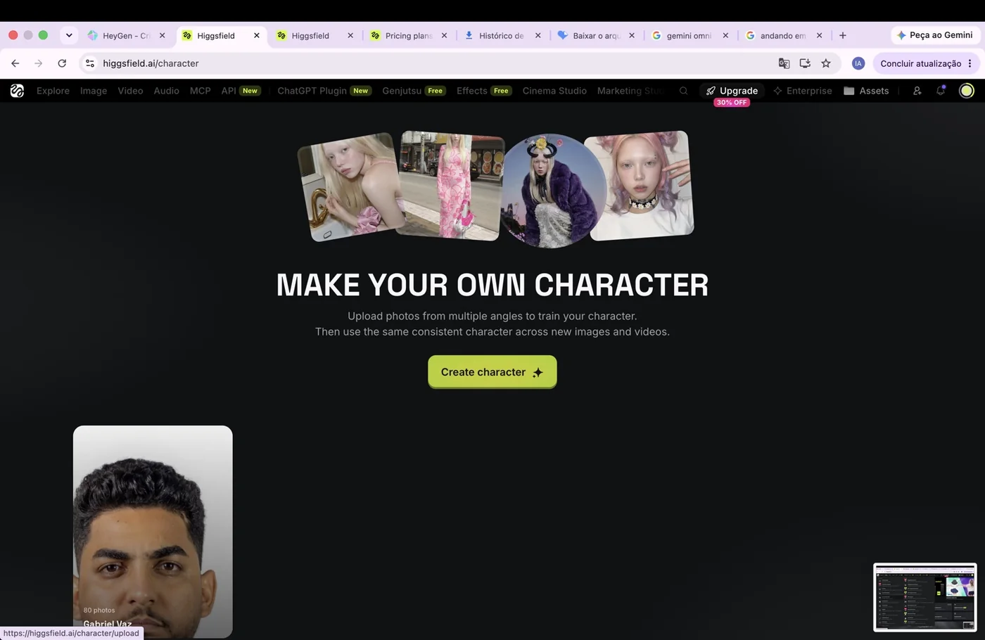 Tela de criação de personagem no Higgsfield